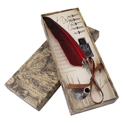 Immagine di penna a immersione fatta mano, per calligrafia inglese, d&#039;oca con punta, set di penne d&#039;oca, 5 punte ricambio e base pennino, regali cancelleria (rosso)