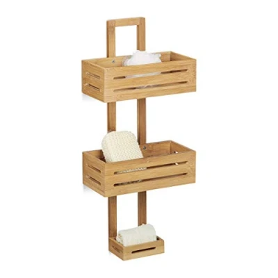 Immagine di Relaxdays Mensola per Doccia in Bambù, HxLxP: 65 x 28 15,5 cm, Portaoggetti, Porta Sapone Bagno, 3 Ripiani, Marrone
