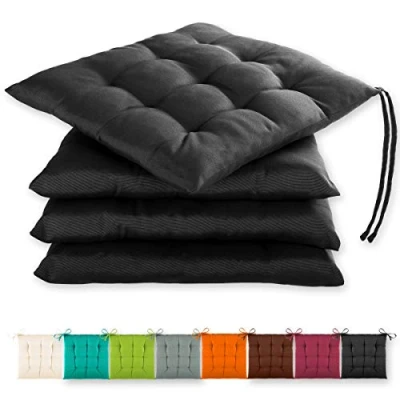 Immagine di Gräfenstayn® Set di 4 Cuscini Seduta 40x40x3cm con Cinghie ritenzione per Interni ed Esterni Guarnizione Oeko Tex (Nero)
