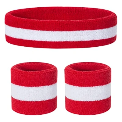 Immagine di ONUPGO Set di fasce per il sudore bambini, in cotone, sport, 1 fascia + 2 polsiere (rosso/bianco/rosso)