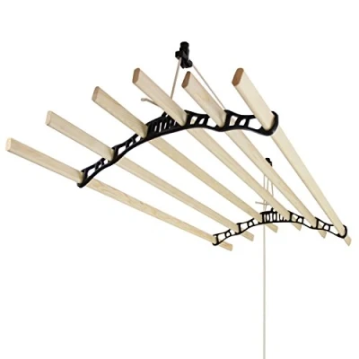 Immagine di Monster Shop Stendibiancheria da Soffitto con 6 Stecche di Legno 150cm e Supporti in Ghisa Neri per Asciugare Vestiti, Indumenti Biancheria
