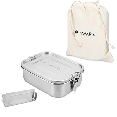 Immagine di Navaris Lunch Box Porta Pranzo Acciaio Inox 800ml Portapranzo 1x Divisore 2X Scomparti Alimenti Riscaldabile Ermetico Borsa Inclusa
