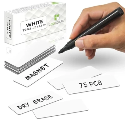 Immagine di 2DOBOARD Strisce magnetiche scrivibili 7,5 cm x 2,5 bianco 75 pezzi Targhe da scrivere per frigorifero, lavagna e Etichette