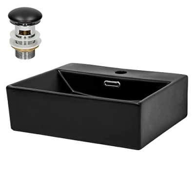 Immagine di ML Design Lavabo da Appoggio o con Montaggio a Muro in Ceramica Nera Opaca 415 x 365 130 mm Lavandino Moderno Troppopieno Foro di Scarico e Piletta Sanitari Lavello per Bagno WC Parete