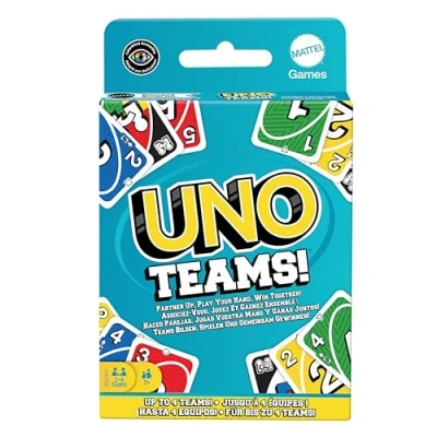 Immagine di Mattel Games UNO Teams, versione a squadre da due dell&#039;iconico gioco, regole speciali e nuove carte Squadra Jolly, fino 4 squadre, giocattolo per bambini, 7+ anni, HXT58