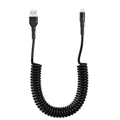 Immagine di cavo Lightning a spirale compatibile con Apple Carplay [certificato MFi] cable per iPhone sincronizzazione dati e LED, auto caricabatterie corto iPhone/Pad/Pod