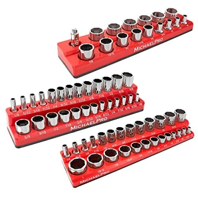 Immagine di MichaelPro MP014003 Chiave a bussola, magnetica, 3 pezzi, 1/4&quot;, 3/8&quot; e 1/2&quot; SAE per chiavi qualità professionale Set di bussola cassetta degli attrezzi (SAE), rosso