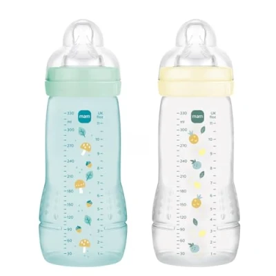 Immagine di MAM Biberon Easy Active 6+ Mese Colore Ghiaccio + Perla (confezione da 2 X 330 ml) con ciuccio in silicone a flusso velocità ultra veloce per bambini chiusura ermetica