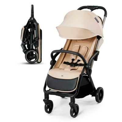 Immagine di Kinderkraft APINO Passeggino Leggero fino 22 Kg, Solo 7,5 Da Viaggio, Pieghevole automatico, Schienale Regolabile In Posizione Sdraiata, Copertura Antipioggia, Beige