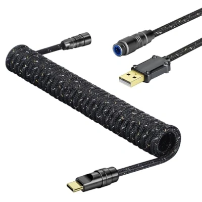 Immagine di MAMBASNAKE C05 Cavo USB C a Spirale per Tastiera da Gioco, Nylon Braided, to C, Meccanica Doppia Manica, Connettore Aviazione Metallo CNC Staccabile, 4.92ft Nero
