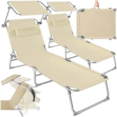 Immagine di TecTake® Set 2X Lettino Pieghevole, Lettini Prendisole Pieghevoli Sdraio con Parasole, Schienale Regolabile 4 Posizioni, Rivestimento Resistente, Giardino Spiaggia Mare Beige
