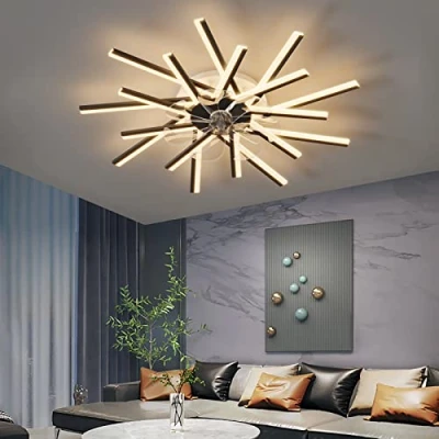 Immagine di Lampadario Ventilatore con Telecomando APP Reversibile DC Grande da Soffitto Luce Dimmerabile 6 Velocità Lampadari Ventola per Soggiorno Camera Letto, Nero, 92cm