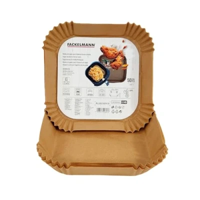 Immagine di Fackelmann Vassoi di carta per friggitrice ad aria, quadrata, antiaderente e resistente fino a 230 C, accessori 20 x 4,5 cm, adatti Cosori, Cecotec