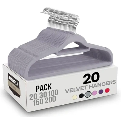 Immagine di Utopia Home Grucce in velluto antiscivolo di alta qualità (42 cm) resistente con barra fissaggio, gancio rotatorio a 360 gradi salvaspazio (Grigio, 20)