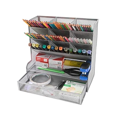 Immagine di Vikmyer Organizer da Scrivania in Rete Scatola Portapenne Multifunzionale per Cancelleria Tavolo Scaffale Portaoggetti Forniture Scolastiche Casa