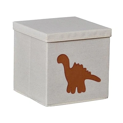Immagine di LOVE IT STORE Premium Cubo Portaoggetti Con Coperchio Misto Cotone Lino Pieghevole Rinforzi In Legno Per Cameretta Bambini Compatibile Kallax 30x30x30 cm Fantasia A Dino, Beige