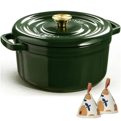 Immagine di Overmont Forno olandese in ghisa smaltata Pentola con coperchio, libro di cucina e presine cotone, resistente per brasare, stufare, arrostire, cuocere il pane