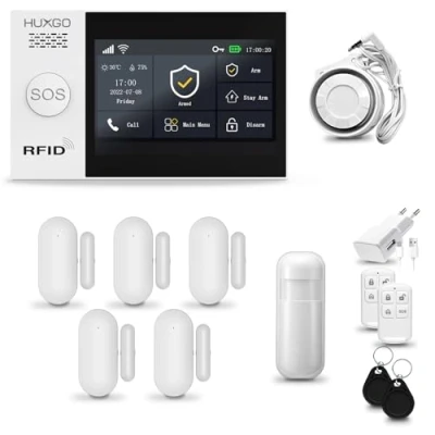 Immagine di HUXGO® HXA007 allarme casa senza fili WiFi + GSM con sirena Kit 1x rilevatore di movimento, 5x sensori per porte e finestre, telecomando TUYA Smartlife App