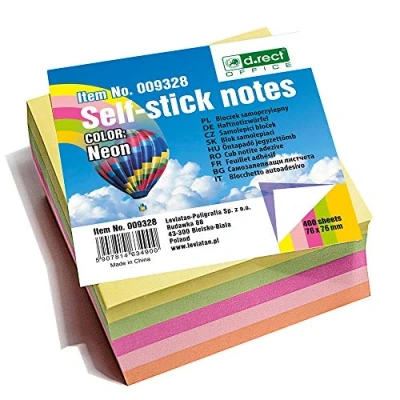 Immagine di D.RECT Foglietti Adesivi Set di 1 Pezzi 76x76mm Note Adesive 1x400 un Blocco Fogli Forniture per Ufficio Colori Neon