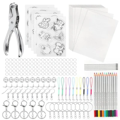 Immagine di MXTIMWAN 208 Pezzi Kit di Fogli Plastica Termoretraibile, Include 25 Shrink Plastic, Accessori Portachiavi, Matite, Pugno a Mano, Termoretraibile per Fai da Te Artigianato