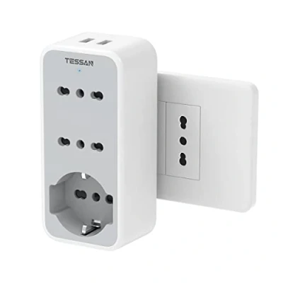 Immagine di TESSAN Presa Elettriche Multipla Salvaspazio, con 1 Polivalenti e 2 Bivalenti 10/16A, Tripla Porte USB, Multipresa Elettrica Spina 16A, 3680W