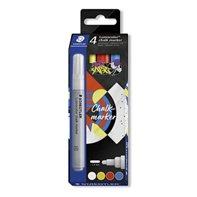 Immagine di Staedtler Pennarello a gesso Lumocolor ART coprente, lavabile con umido, punta tonda, larghezza linea ca. 2,4 mm, elevata brillantezza, 4 pennarelli calk in colori assortiti, 344 C4