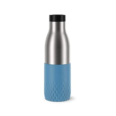 Immagine di Emsa Botella Bludrop Sleeve N31107, 0,5 litros, 100% hermética, cierre Quick Press, placer de beber 360, calor 12 h frío 24 h, apto para lavavajillas, acero inoxidable, color azul