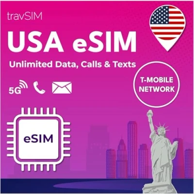 Immagine di travSIM USA eSIM Rete T Mobile Dati, chiamate e SMS illimitati negli La per gli funziona su dispositivi iOS Android compatibili con le 30 giorni