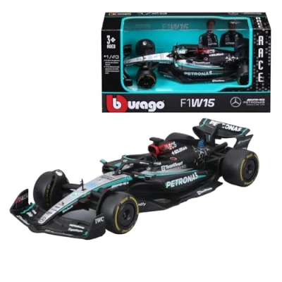 Immagine di Bburago Formula 1 Mercedes AMG Petronas F1 W15 Team (2024): modellino auto in scala 1:43, da autista #63 George Russell, Window Box, 12,5 cm, nero argento (18 38208R)