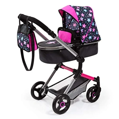 Immagine di Bayer Design Passeggino Neo Vario, Carrozzina per Bambole, Regolabile in Altezza, con Cesto e Borsa fasciatoio, Colore Rosa, Nero Fata, 18406AA