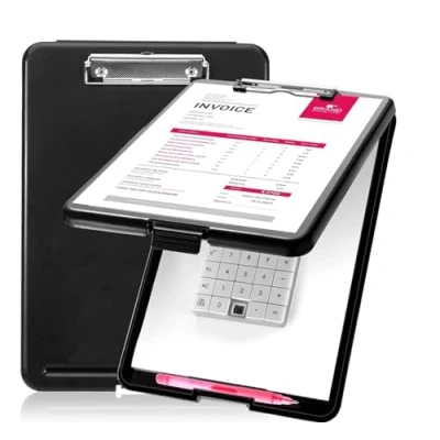 Immagine di portablocco A4, con vano portaoggetti, Portablocchi in Plastica Pinza e portapenne, per scrittura, Business School Office Conference Notepad Clip Board Nero