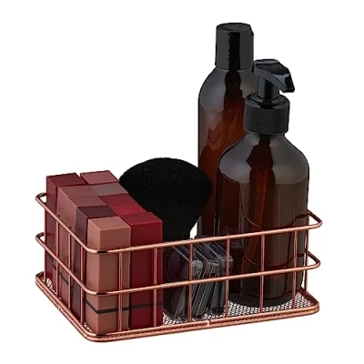 Immagine di Relaxdays Cestino Portaoggetti in Metallo, Cesto Design a Rete, per Cucina e Bagno, HLP 6,5 x 17 12,5 cm, Oro Rosato, Ferro, 6.5 12.5 cm