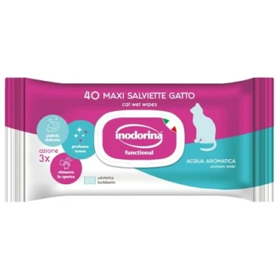 Immagine di Inodorina, Salviette Funzionali Gatto, Realizzate in Tessuto Resistente, Delicata Azione Detergente e Idratante, con Sostanze Naturali Biologiche, Uso Quotidiano, Acqua Profumata, Bundle 12 Pezzi