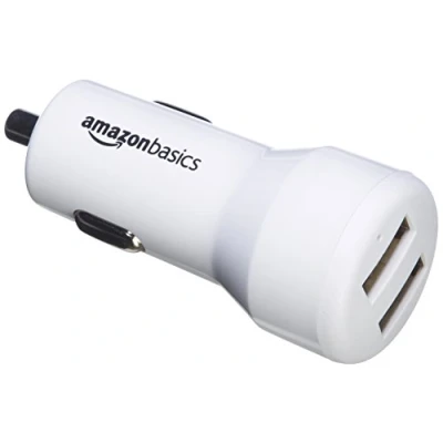 Immagine di Amazon Basics Caricatore da auto con doppia porta USB, 4,8 Amp, 24 W, per dispositivi Apple e Android, bianco, confezione 4