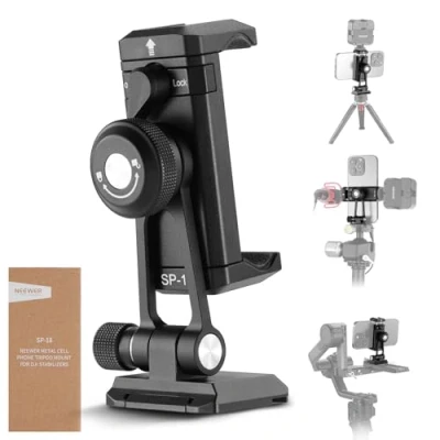 Immagine di NEEWER Adattatore Telefono da Treppiede con Base QR Arca, Cold Shoe, Fori 1/4&quot; 3/8&quot;, Rot.360/Incl.180, Porta Compatibile iPhone Samsung Arca Swiss DJI RS 4 Pro 3 2 Stabilizzatore, SP 18