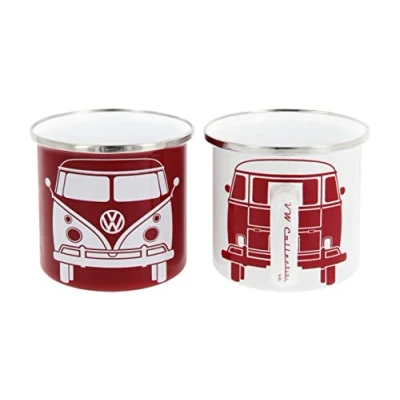 Immagine di Brisa VW Collection Volkswagen Set di 2 tazze in metallo smaltato da tè, caffè, latte, cappuccino, Campervan Bus T1 design 350 ml x2 (Bianco &amp; Rosso)