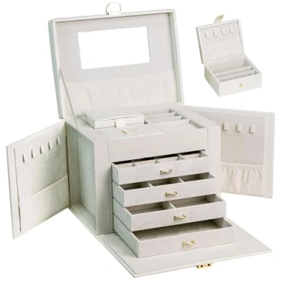 Immagine di AdelDream Portagioie Grande Chiudibile a Chiave 5 Livelli con Cassetti Specchio per Anelli, Orecchini, Collane e Bracciali, Elegante Classico, Bianco, 26x19x21,8 cm