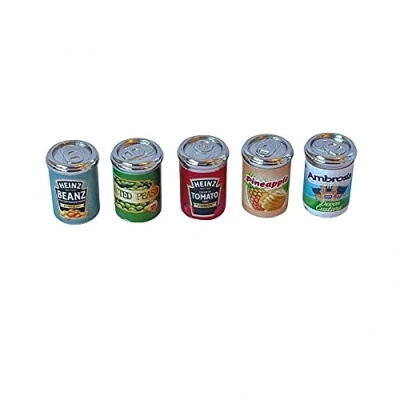 Immagine di 5 lattine di cibo miste per negozio generi alimentari accessori da cucina 1:12 miniatura casa delle bambole