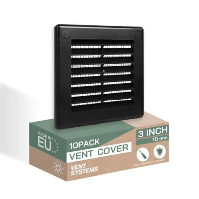Immagine di Vent Systems copertura per bocchetta di ventilazione da 10 x cm, colore nero, confezione 10, griglia quadrata, protezione contro gli insetti integrata, prese d&#039;aria