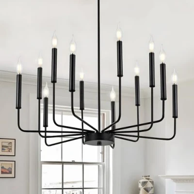 Immagine di Lampadari Moderni In Nero, Lampadario Metallo Industriale A 12 Luci, Sospensione Classica Candela Per Isola Cucina, Sala Da Pranzo, Soggiorno, Ingresso, Scala E14 (Lampadine Non Incluse)