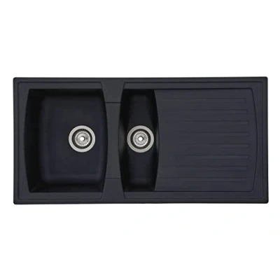 Immagine di Respekta Lavello da cucina Boston in mineralite color nero / incasso a 1,5 vasche, dimensioni 100 x 50 cm adatto per mobili sottolavello 60 di larghezza