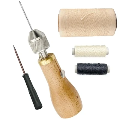Immagine di Professional Speedy Stitcher Sewing Awl Hand Repair Tool Kit for Leather And Heavy Fabrics with 2Pcs Needles,1Pcs Coil 260 Meter 150D 0.8MM Flat Waxed String(Beige)
