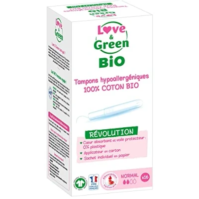 Immagine di Love &amp; Green tamponi ecologici 100% cotone biologico Normale con applicatore x 16 Certificati GOTS da ECOCERT