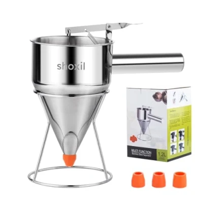 Immagine di dispenser per pastella pancake in acciaio inossidabile, torte a imbuto multicalibro con supporto, ideale pancake, cupcakes o qualsiasi prodotto da forno (1,2 ml)