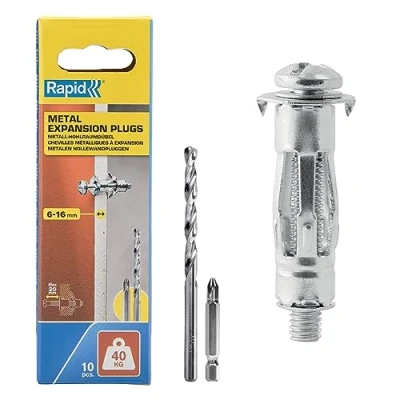 Immagine di Rapid Confezione da 10 Tasselli ad Espansione in Metallo per Pareti Cave Cartongesso e Truciolari dallo Spessore di 6 16 mm, Supportano fino un Carico 40 Kg