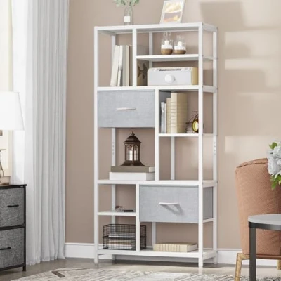 Immagine di YITAHOME Libreria, libreria a 7 ripiani con cassetti da pavimento, scaffale industriale telaio in acciaio, per soggiorno, ufficio, studio, corridoio, cucina, bianco