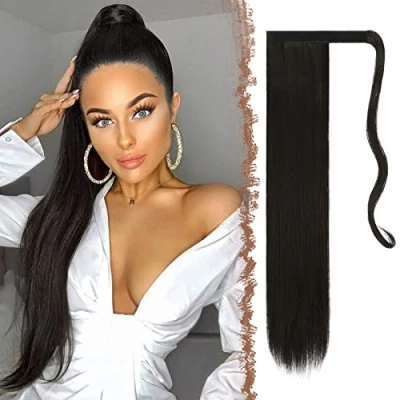 Immagine di FESHFEN Posticci per Capelli Extension Coda Di Cavallo Marrone scuro Lunga Estensione Sintetici Extensions Donna 60cm, 125g