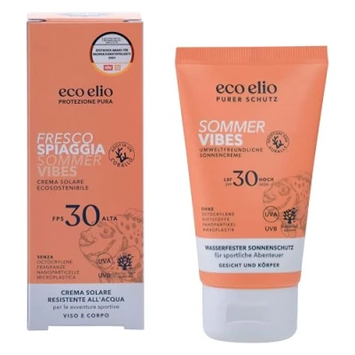 Immagine di eco elio protezione solare sostenibile SPF 30 75ml &quot;Fresco Spiaggia&quot; I crema waterproof senza octocrylene e microplastiche profumo cocco viso