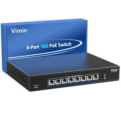 Immagine di Switch PoE 10G a 8 Porte Non Gestito, VIMIN Power Over Ethernet 10Gbps Supporta IEEE802.3 af/at, per Rete NAS 10G, Plug &amp; Play, Capacità di Commutazione 160Gbps, Montaggio su Desktop e Rack