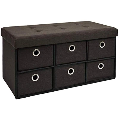 Immagine di DuneDesign Ottomana Pieghevole 76x38x38cm incl 6 cassetti 80L Panca Contenitore Cassapanca Imbottita Marrone Scuro